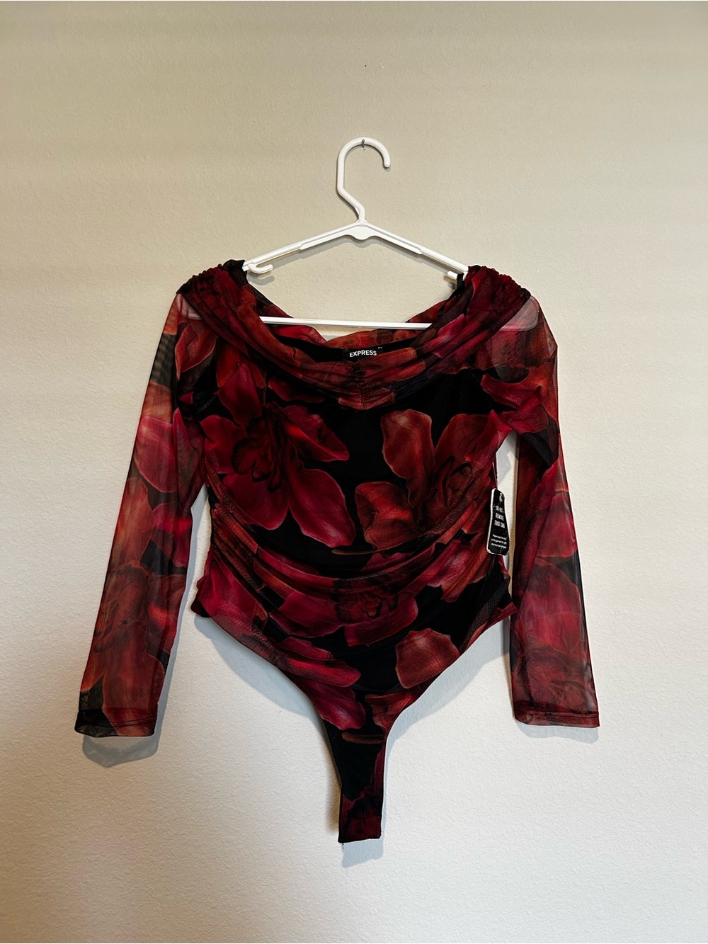 Express Girls' Red and Black Floral Mesh One-Piece Bodysuit